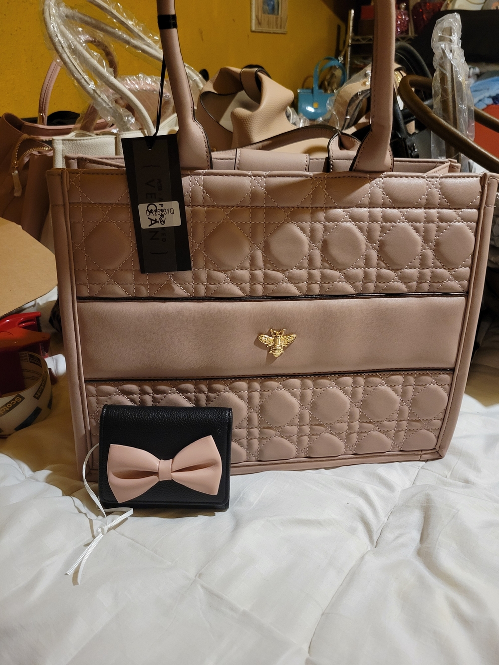 Elegant Blush Quilted Tote Bag with Gold Bee Accent - Women Bags